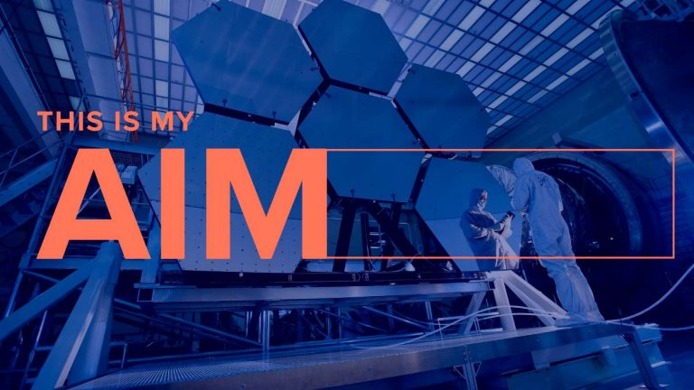 AIM promotional graphic with the text 'This is my AIM' on an industrial-themed blue background.